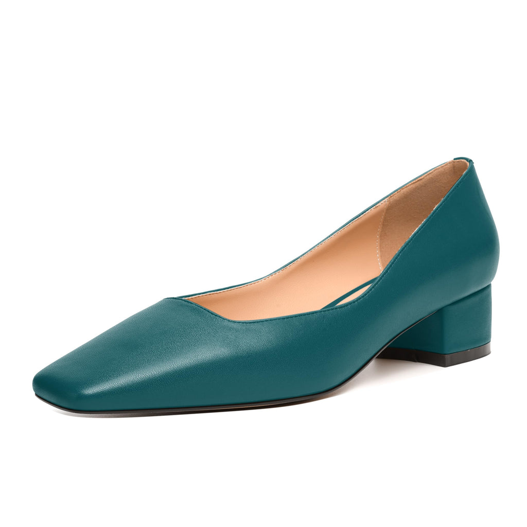 JUSTDANNI Womens Stylish Matte Block Low Heel Dress Wedding Slip On 1.5 Inch Square Toe Pumps Shoes Teal Size 7 - Zapatos para Mujer