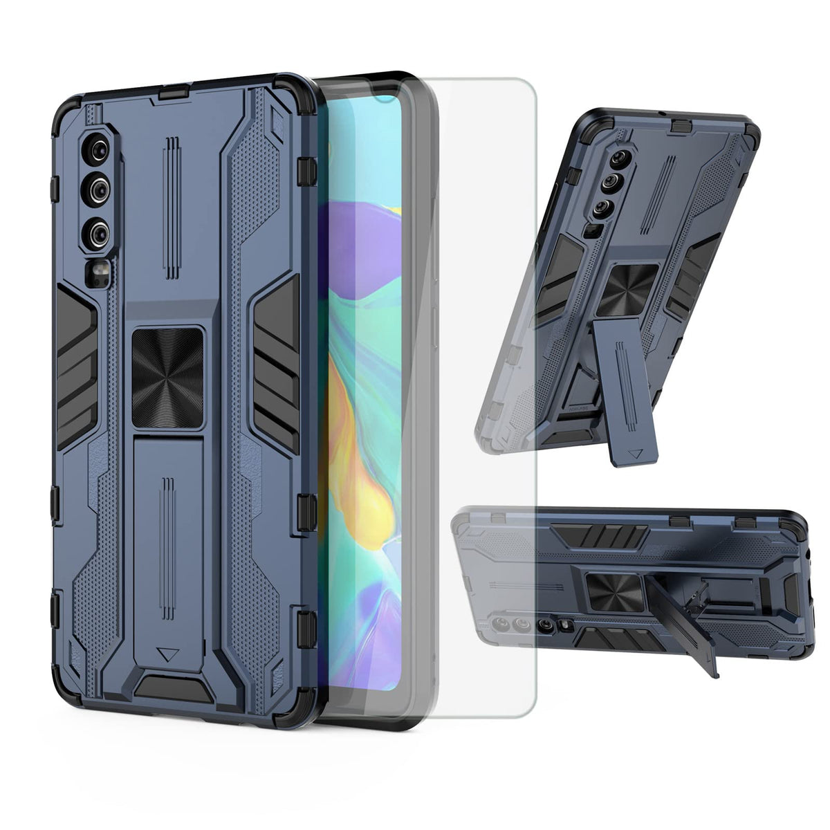 Asuwish Phone Case for Huawei P30 with Tempered Glass Screen Protector Cover and Slim Stand Hybrid Rugged Kickstand Magnetic Back Film Cell Mobile Accessories Hawaii P 30 ELE-L29 Women Men Blue