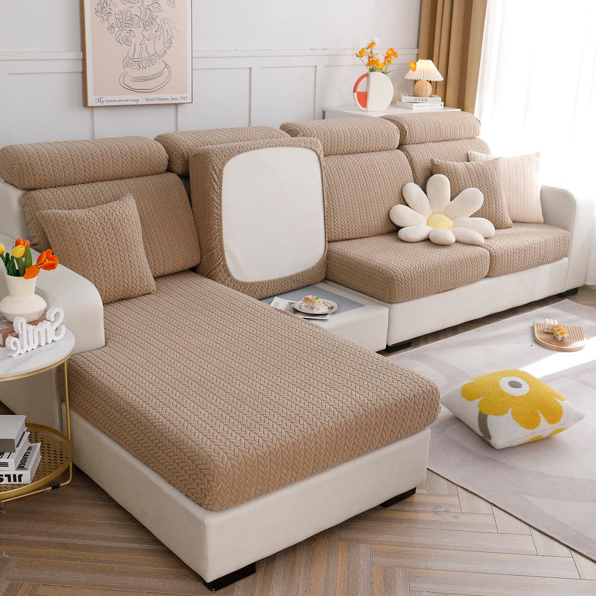 ele ELEOPTION Super 3 Seat Couch Cushion Covers Sectional L Shape Slipcover Elastic Sofa Furniture Protector Cover (Length 55-64inch Width 25-37inch Large Triple Seat Cover) Wheat Coffee