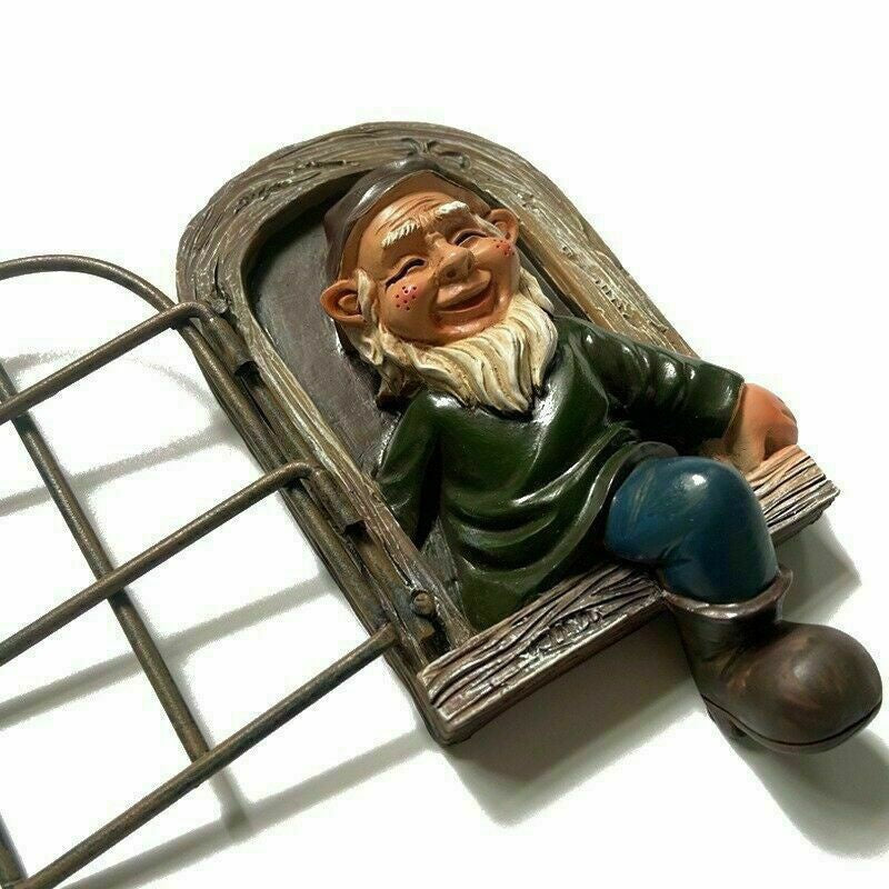 Elf Out The Door Window Tree Hugger Garden Gnome Statue