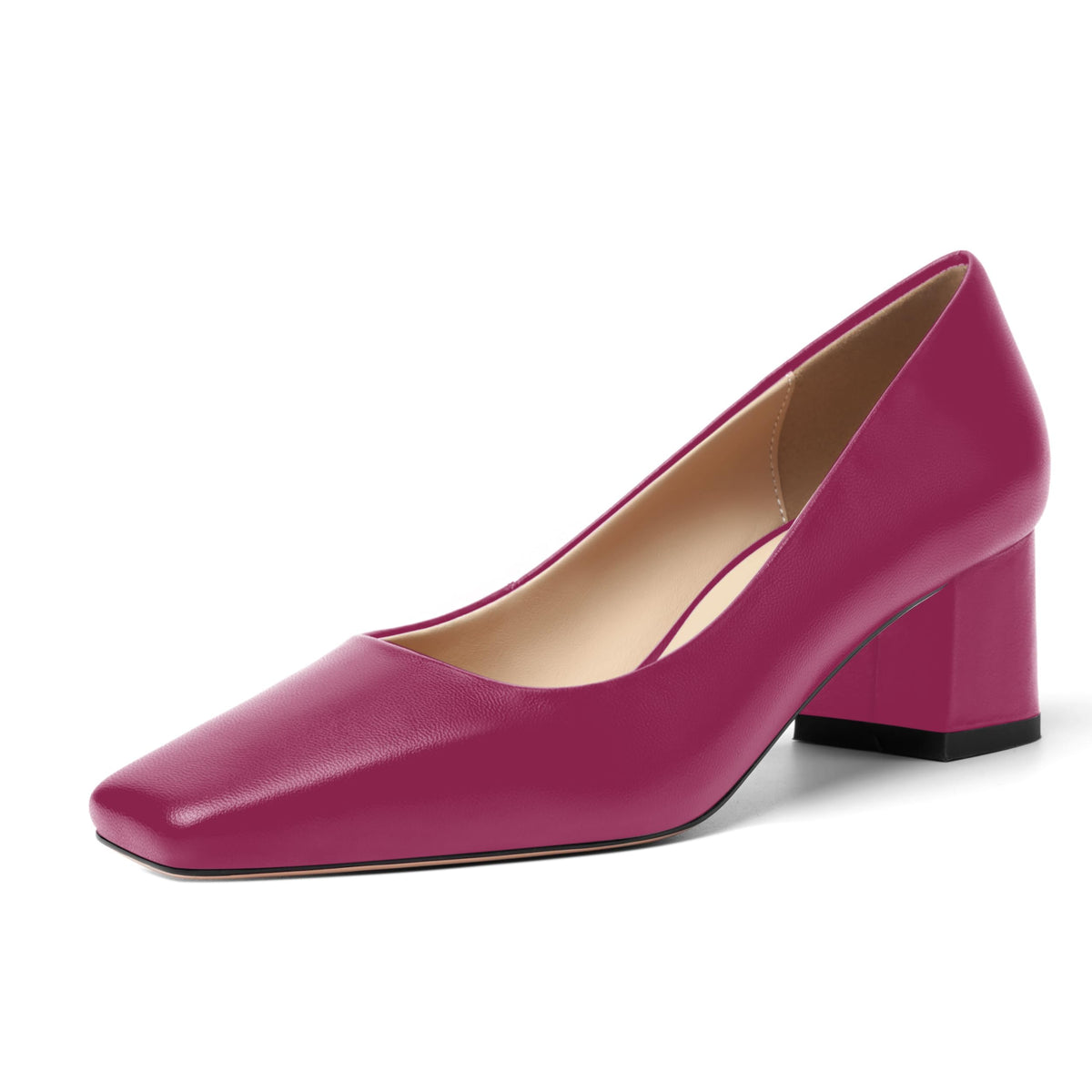 FOGEENA Womens Low Heel Chunky Party Solid Matte Leather 2.2 Inch Slip On Square Toe Casual Pumps Shoes Magenta Size 10.5 - Zapatos de Tacon para Mujer